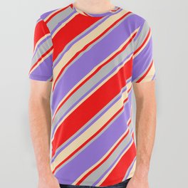 [ Thumbnail: Red, Grey, Purple & Beige Colored Stripes/Lines Pattern All Over Graphic Tee ]