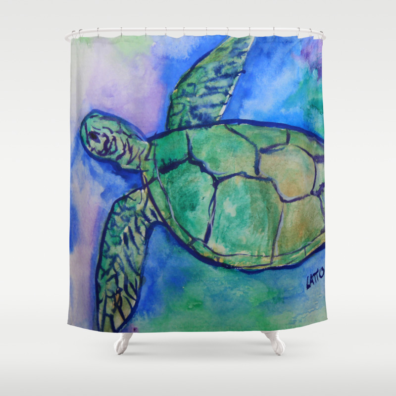 Sea Turtle Watercolor Painting Shower Curtain By Donnabellas