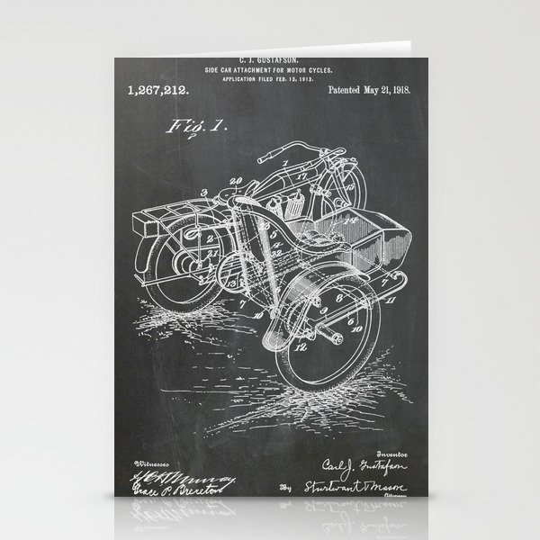 1918 C. J. Gustafson Motorcycle with Side Car Black Patent Version Stationery Cards