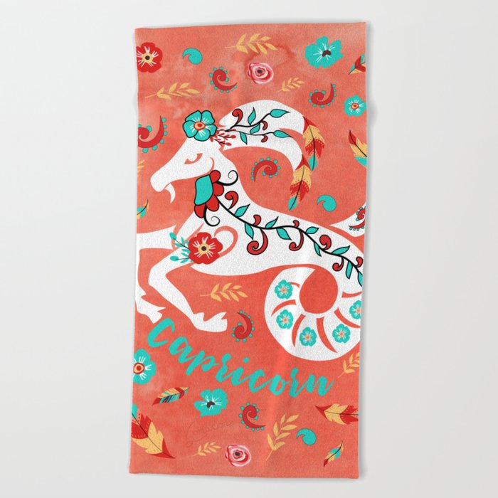 Boho Zodiac Sign- Capricorn Astrology Watercolor Illustration Beach Towel