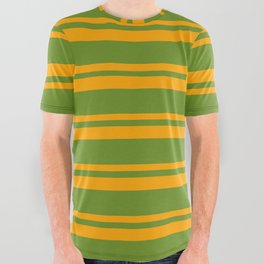 [ Thumbnail: Green & Orange Colored Lined/Striped Pattern All Over Graphic Tee ]