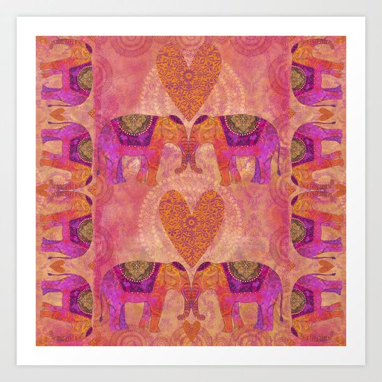 Elephants in Love heart illustration Art Print