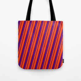 [ Thumbnail: Indigo & Red Colored Pattern of Stripes Tote Bag ]