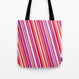 [ Thumbnail: Red, Lavender, Dark Orchid & Light Salmon Colored Pattern of Stripes Tote Bag ]