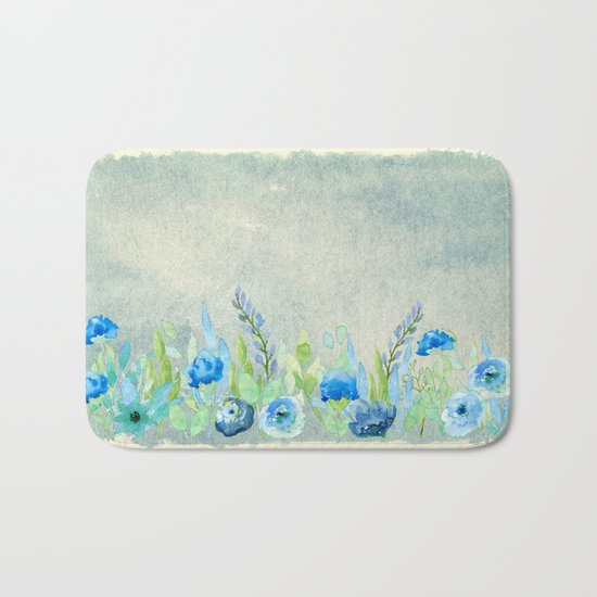 Blue flowers and roses in a meadow- Floral watercolor illustration Bath Mat