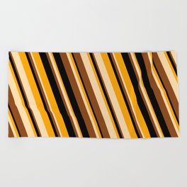[ Thumbnail: Orange, Tan, Brown, and Black Colored Striped Pattern Beach Towel ]