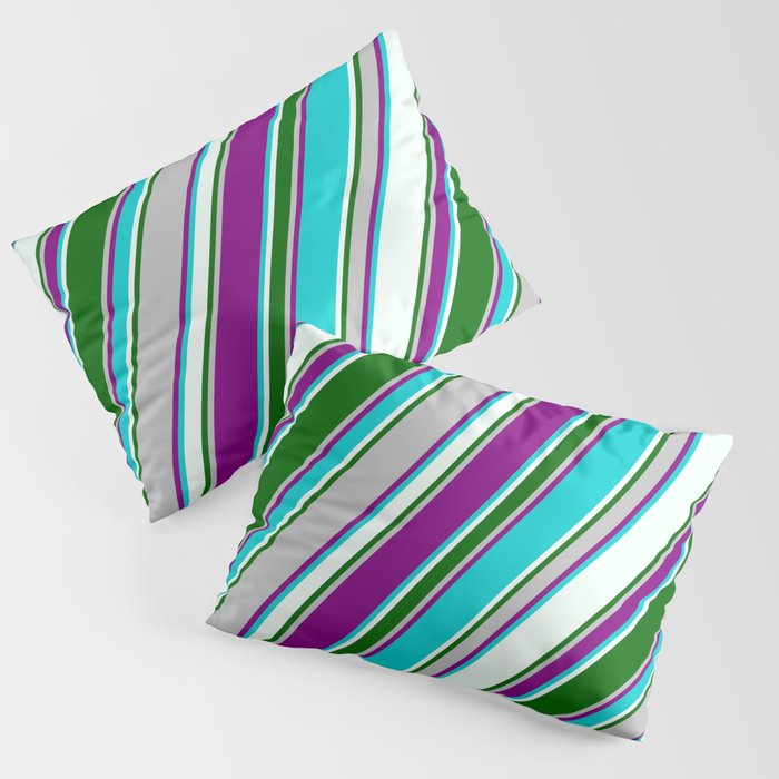 Colorful Grey, Purple, Dark Turquoise, Mint Cream & Dark Green Colored Pattern of Stripes Pillow Sham