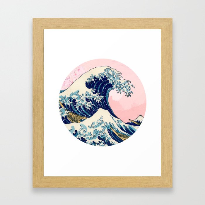 The Great Wave off Kanagawa by Hokusai on a pink landscape Framed Art Print