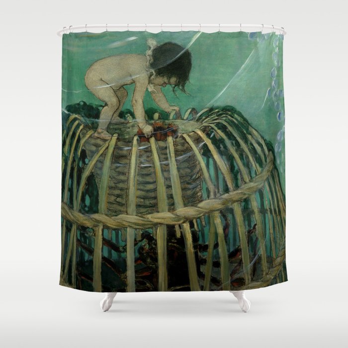 “Baby and the Lobster Trap” by Jessie Willcox Smith Shower Curtain