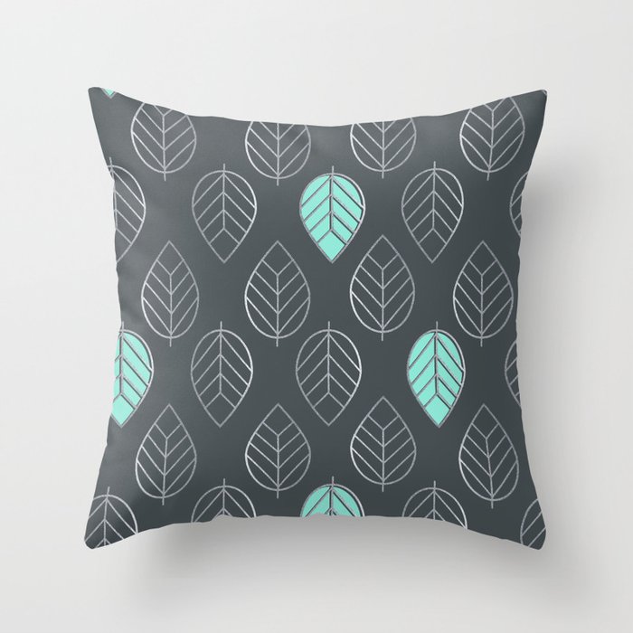 Mint & Silver Leaves Pattern & Slate Throw Pillow