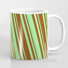 [ Thumbnail: Brown and Green Colored Lined Pattern Coffee Mug ]