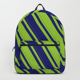 [ Thumbnail: Midnight Blue & Green Colored Lines Pattern Backpack ]