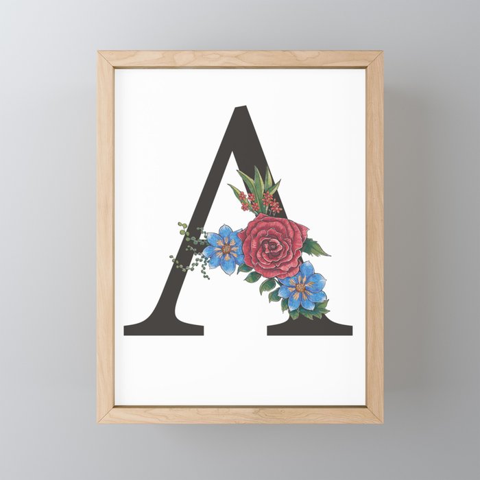 Monogram Letter A with Flowers Framed Mini Art Print