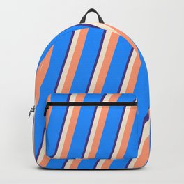 [ Thumbnail: Dark Slate Blue, Beige, Light Salmon & Blue Colored Pattern of Stripes Backpack ]