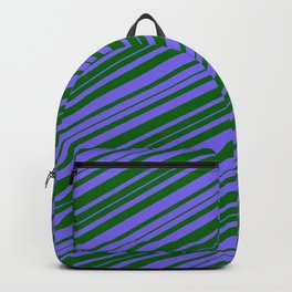 [ Thumbnail: Medium Slate Blue and Dark Green Colored Striped Pattern Backpack ]