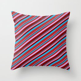 [ Thumbnail: Deep Sky Blue, Red, Plum & Maroon Colored Lined/Striped Pattern Throw Pillow ]