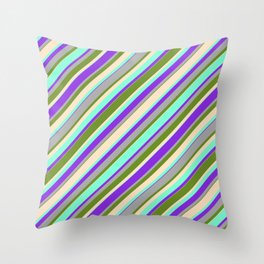 [ Thumbnail: Green, Bisque, Aquamarine, Purple & Dark Gray Colored Stripes Pattern Throw Pillow ]