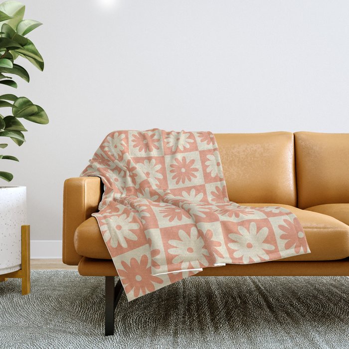 Peach And Off White Checkered Floral Pattern Throw Blanket