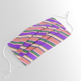 [ Thumbnail: Purple, Sea Green, Light Coral, and Bisque Colored Lined/Striped Pattern Face Mask ]
