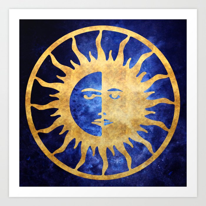 Golden Sun and Moon Symbol on Blue Background Art Print