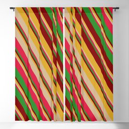 [ Thumbnail: Colorful Goldenrod, Tan, Crimson, Forest Green & Maroon Colored Striped/Lined Pattern Blackout Curtain ]