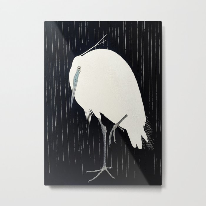 Egret standing in rain - Japanese vintage woodblock print Metal Print