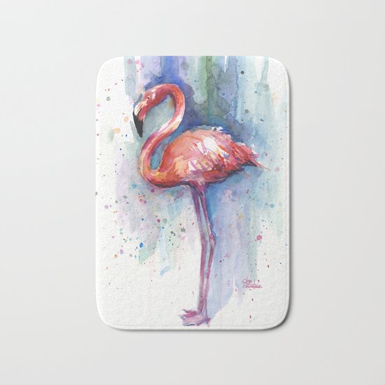 Pink Flamingo Watercolor Tropical Animals Birds Bath Mat