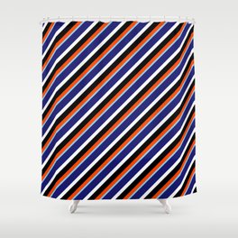 [ Thumbnail: Red, Sky Blue, Midnight Blue, White, and Black Colored Lines/Stripes Pattern Shower Curtain ]