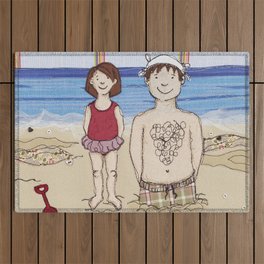 Embroidered Father and Daughter Beach Illustration Outdoor Rug