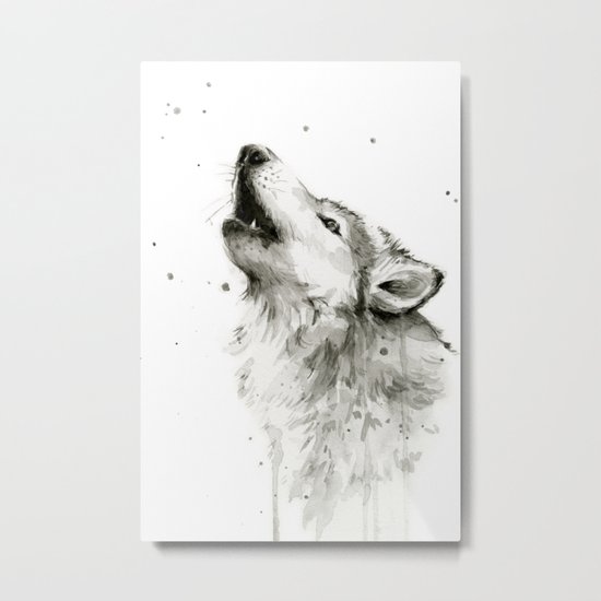 Wolf Howling Watercolor Animals Wildlife Painting Animal Portrait Metal Print
