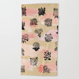 Watercolor Vintage Roses Pattern Beach Towel