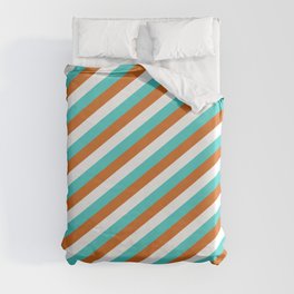 [ Thumbnail: Chocolate, White, and Turquoise Colored Stripes Pattern Duvet Cover ]