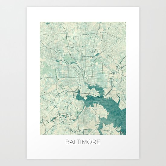 Baltimore Map Blue Vintage Art Print