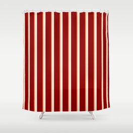 [ Thumbnail: Beige, Coral, and Dark Red Colored Lined Pattern Shower Curtain ]