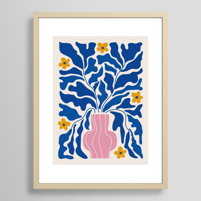 Summer Bloom: Electric Blue Leaves & Golden Poppies Framed Art Print