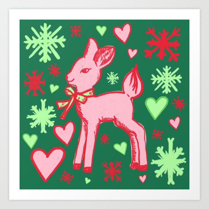 Christmas Fawn with Hearts and Snowflakes, Red and Green Art Print