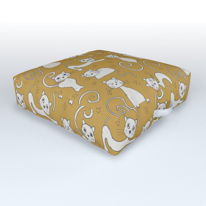 Mustard yellow and off-white cat pattern Outdoor Floor Cushion