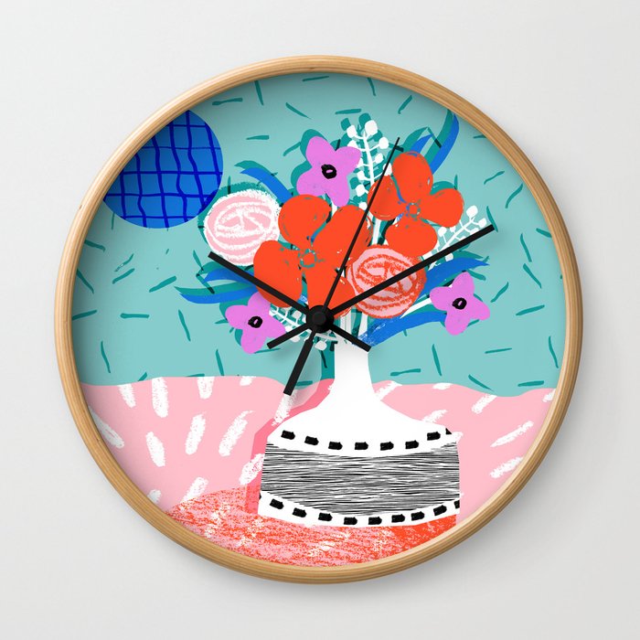 Oh Ay - memphis throwback still life retro florals modern minimal collage patterns Wall Clock