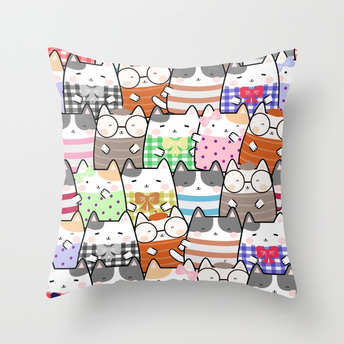 Seamless Pattern Kawaii Cute Cats Throw Pillow