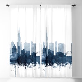 Chicago Skyline Navy Blue Watercolor by Zouzounio Art Blackout Curtain