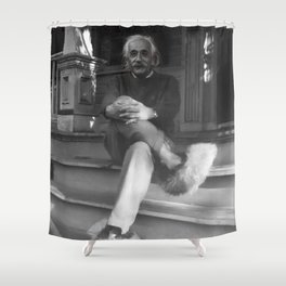 Funny Einstein in Fuzzy Slippers Classic Black and White Satirical Photography - Photographs Shower Curtain