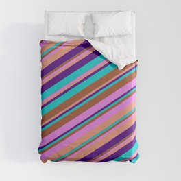 [ Thumbnail: Eye-catching Sienna, Violet, Dark Salmon, Indigo, and Dark Turquoise Colored Lined Pattern Duvet Cover ]