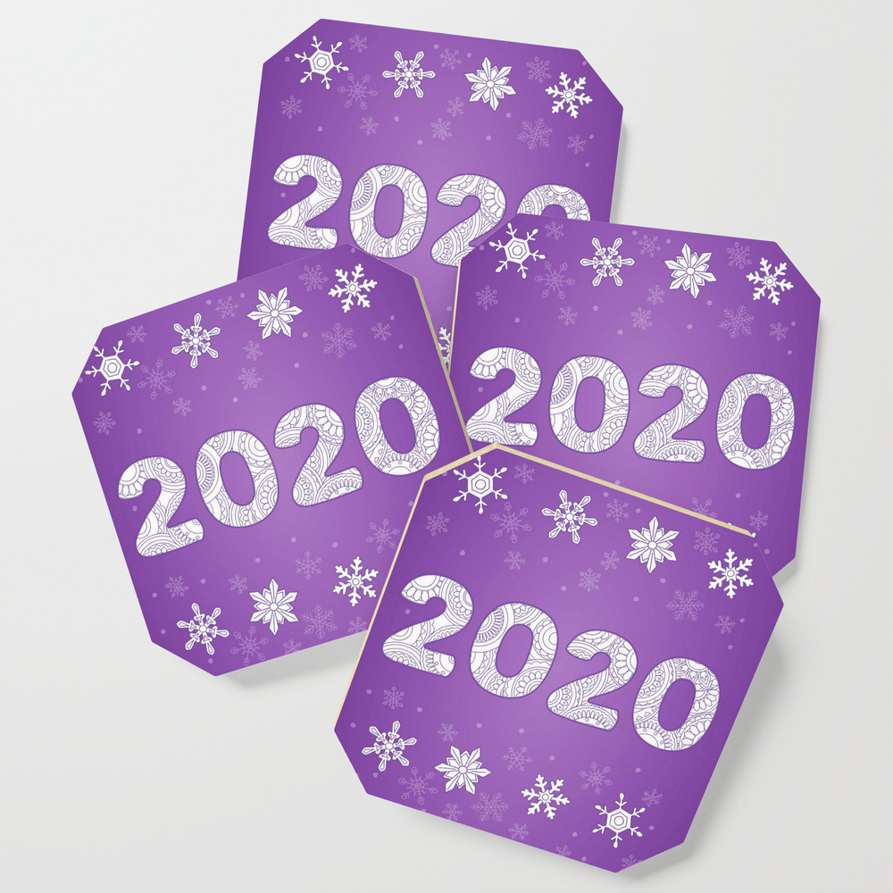 Patterned Number 2020 And Snowflakes On Violet Background Coasters by alinanovikova