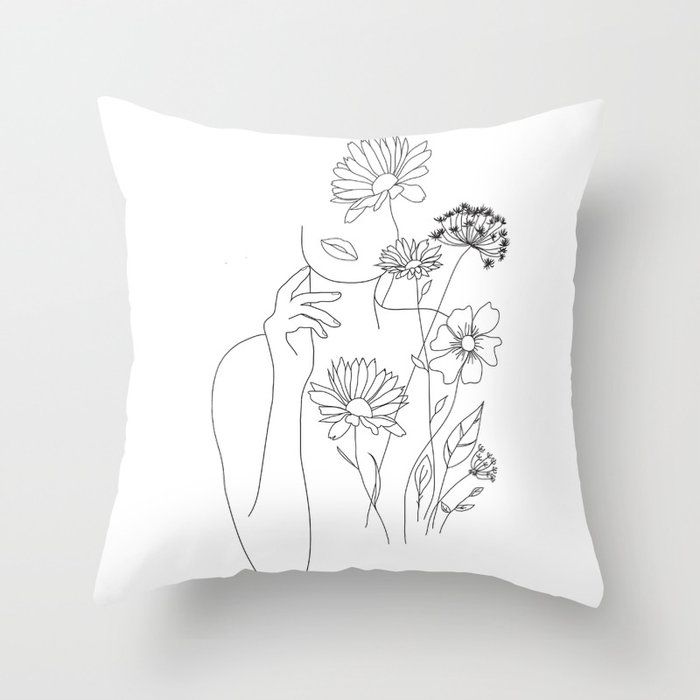 Minimal Line Art Woman with Flowers III Throw Pillow