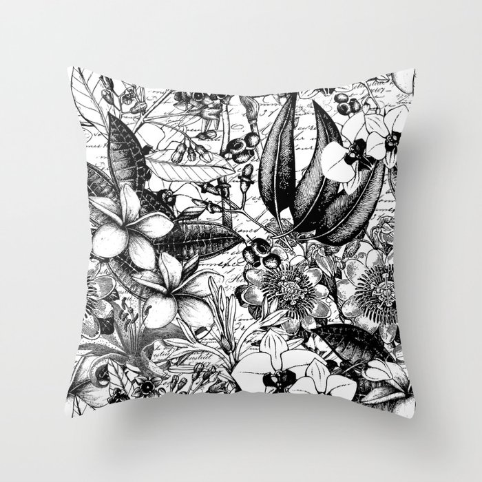 Black And White Tropical Flower Pattern Throw Pillow