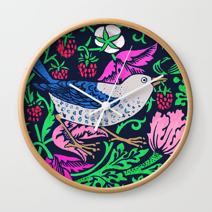 William Morris Bird & Flower Tile, Navy & Fuchsia Wall Clock