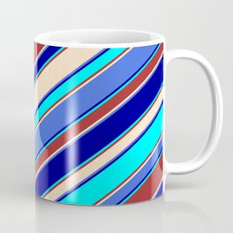[ Thumbnail: Eye-catching Brown, Bisque, Royal Blue, Dark Blue & Cyan Colored Lined/Striped Pattern Coffee Mug ]