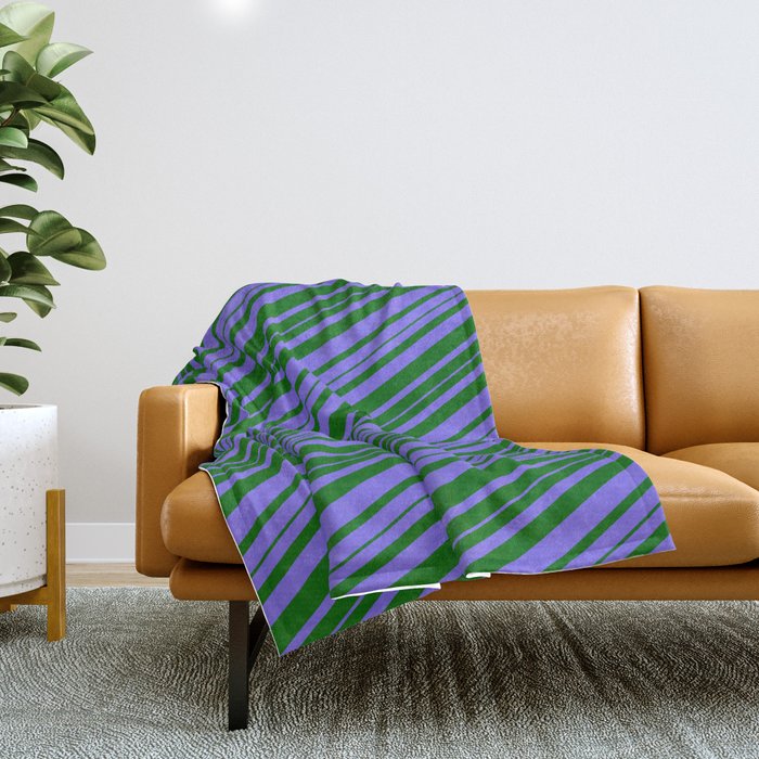 Medium Slate Blue and Dark Green Colored Striped Pattern Throw Blanket