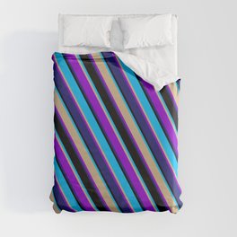 [ Thumbnail: Eyecatching Deep Sky Blue, Tan, Dark Violet, Midnight Blue, and Black Colored Lines Pattern Duvet Cover ]