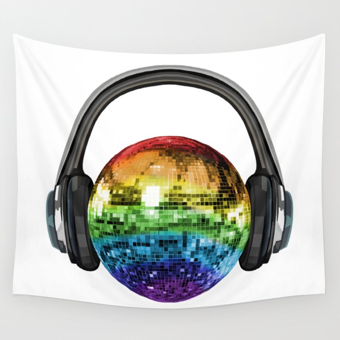 Headphones Rainbow Disco Ball  Wall Tapestry